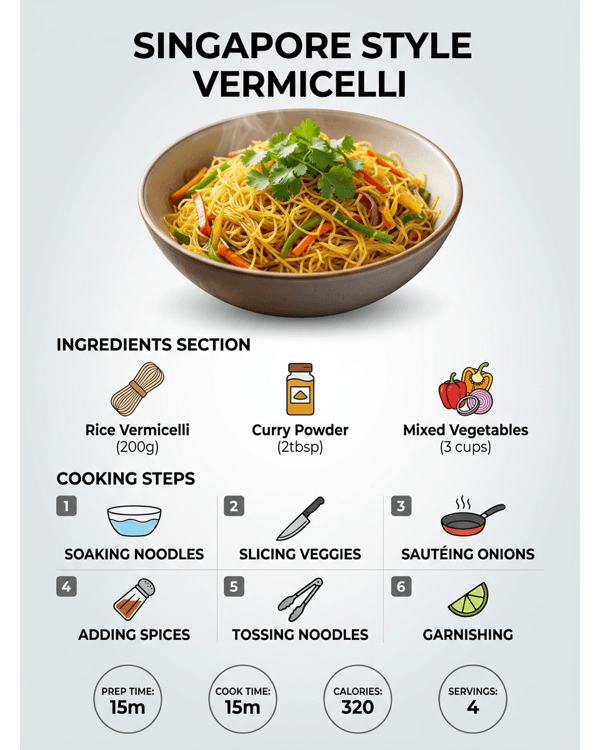 A vibrant plate of Singapore Style Vermicelli with colorful vegetables and fresh herbs