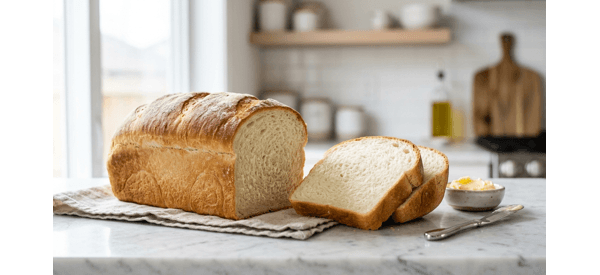 A fresh loaf of golden brown soft bakery style sandwich bread on a modern kitchen counter.