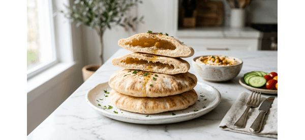 Soft homemade pita bread served with fresh vegetables and dips for breakfast