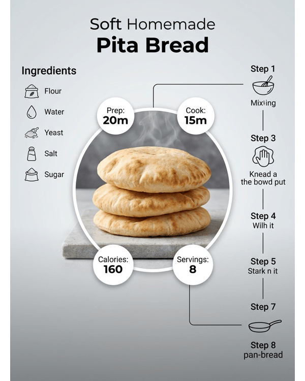Soft homemade pita bread served with fresh vegetables and dips for breakfast