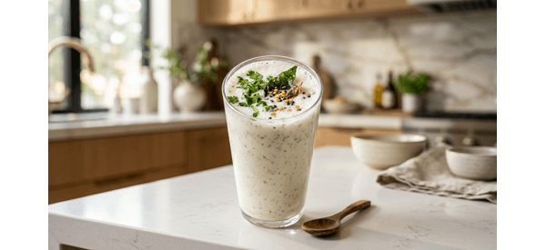 A refreshing glass of South Indian buttermilk garnished with fresh coriander and curry leaves on a modern white countertop A refreshing glass of South Indian buttermilk garnished with fresh coriander and curry leaves on a modern white countertop