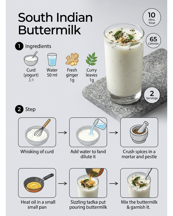 A refreshing glass of South Indian buttermilk garnished with fresh coriander and curry leaves on a modern white countertop A refreshing glass of South Indian buttermilk garnished with fresh coriander and curry leaves on a modern white countertop