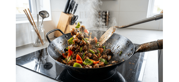 A steaming plate of soya chilli garnished with sesame seeds and spring onions on a modern table