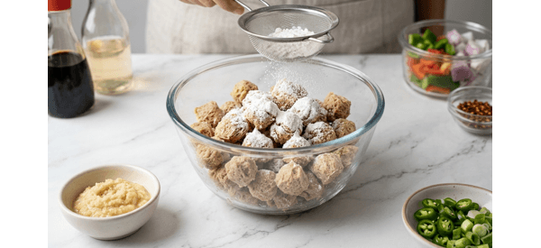Squeezed soya chunks being tossed with cornflour and spices in a glass mixing bowl