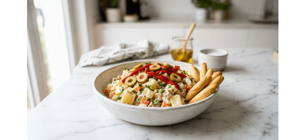 Spanish Style Russian Salad served as a tapa with breadsticks