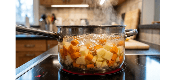 Mixing mayonnaise into the cooked vegetables in a glass bowl
