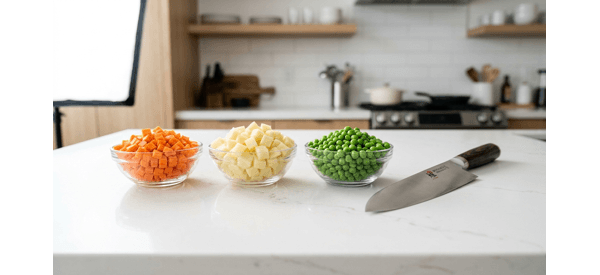 Peeling and dicing fresh potatoes and carrots on a modern counter