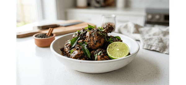 Spicy South Indian style pepper chicken garnished with curry leaves and served in a bowl Spicy South Indian style pepper chicken garnished with curry leaves and served in a bowl