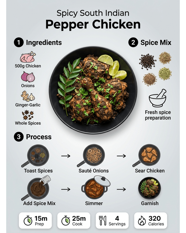 Spicy South Indian style pepper chicken garnished with curry leaves and served in a bowl Spicy South Indian style pepper chicken garnished with curry leaves and served in a bowl
