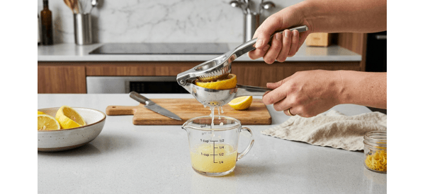 A person squeezing fresh yellow lemons into a clear glass bowl in a bright kitchen