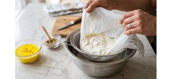 Yogurt tied in a muslin cloth hanging over a bowl to drain whey