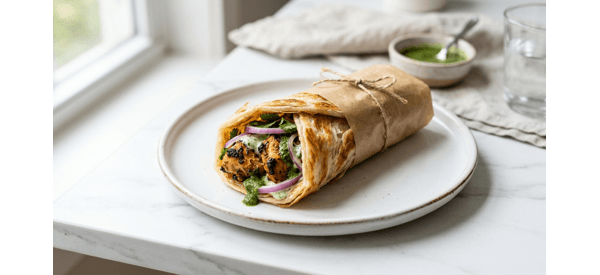 A juicy street style chicken roll wrapped in a golden paratha with fresh onions and green chutney A juicy street style chicken roll wrapped in a golden paratha with fresh onions and green chutney