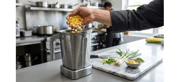 A blender jar with smooth corn paste and a bowl of whole yellow corn kernels A blender jar with smooth corn paste and a bowl of whole yellow corn kernels