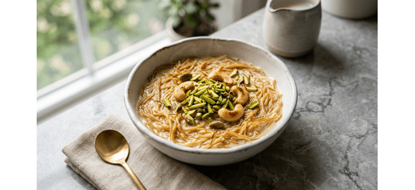 A beautiful bowl of sweet golden vermicelli garnished with silver leaf and toasted nuts