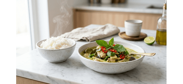 Authentic Non-Veg Thai Green Curry served in a white bowl with jasmine rice