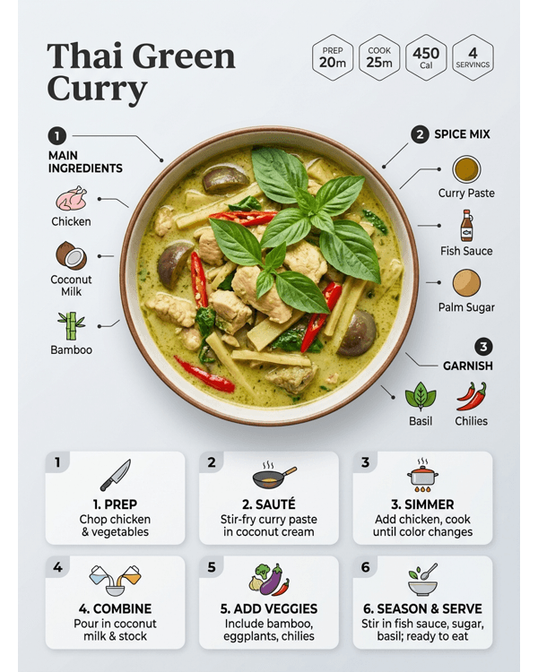 Authentic Non-Veg Thai Green Curry served in a white bowl with jasmine rice