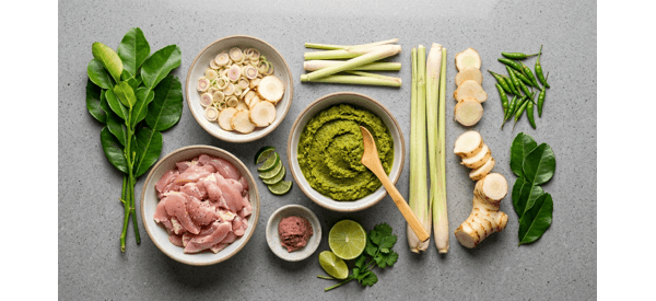 Frying green curry paste in coconut cream in a modern wok