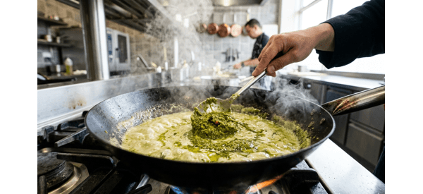 Simmering chicken and vegetables in green curry sauce