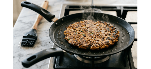 A golden Thalipeeth cooking on a sleek modern black tawa