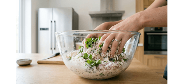 Mixing rice flour and chopped vegetables in a modern glass bowl