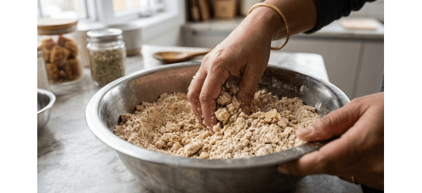 Mixing whole wheat flour with ghee and fennel seeds in a modern bowl