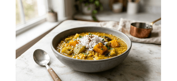 A steaming bowl of traditional Odia Dalma garnished with grated coconut and roasted cumin powder A steaming bowl of traditional Odia Dalma garnished with grated coconut and roasted cumin powder