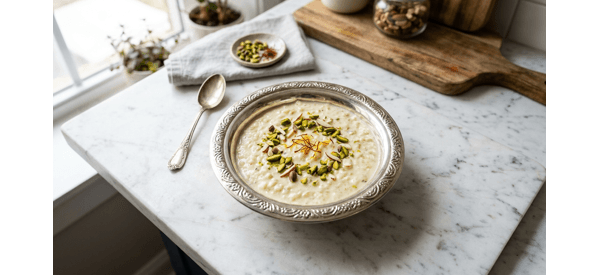 A bowl of creamy traditional rice kheer garnished with saffron and nuts