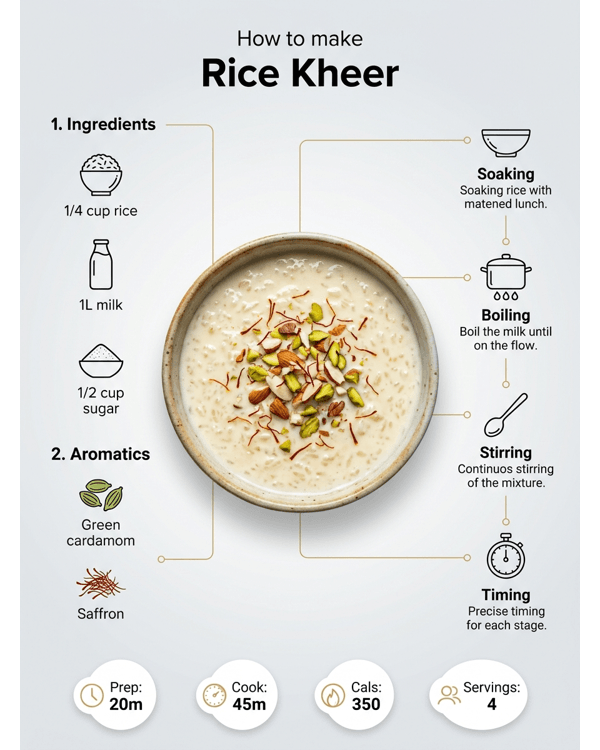 A bowl of creamy traditional rice kheer garnished with saffron and nuts