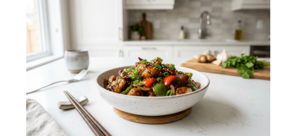 A delicious plate of home style chicken chilli with vibrant bell peppers and spring onions A delicious plate of home style chicken chilli with vibrant bell peppers and spring onions
