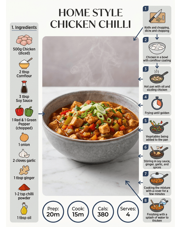 A delicious plate of home style chicken chilli with vibrant bell peppers and spring onions A delicious plate of home style chicken chilli with vibrant bell peppers and spring onions