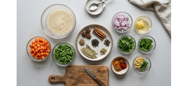 Soaked long grain basmati rice and neatly chopped colorful vegetables on a counter Soaked long grain basmati rice and neatly chopped colorful vegetables on a counter