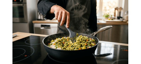 Steaming hot veg pulav being fluffed with a fork in a modern pan