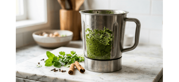 Fresh green masala paste for Karnataka style veg pulav in a blender jar