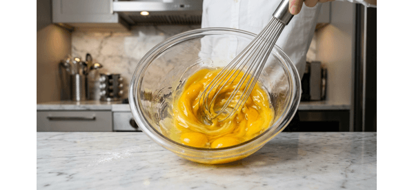 Whisking fresh eggs in a glass bowl on a clean white marble countertop