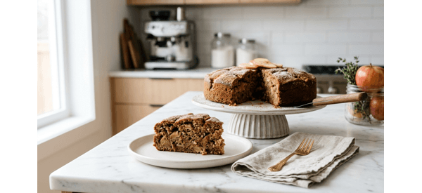 A beautiful slice of whole wheat eggless apple cake on a white modern plate A beautiful slice of whole wheat eggless apple cake on a white modern plate