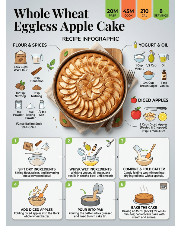 A beautiful slice of whole wheat eggless apple cake on a white modern plate A beautiful slice of whole wheat eggless apple cake on a white modern plate