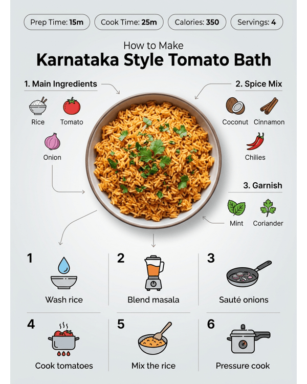 A vibrant plate of Karnataka style tomato bath served with cool raita and crisp papad A vibrant plate of Karnataka style tomato bath served with cool raita and crisp papad