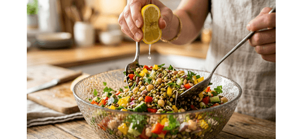 A finished bowl of crunchy sprouts salad garnished with pomegranate A finished bowl of crunchy sprouts salad garnished with pomegranate