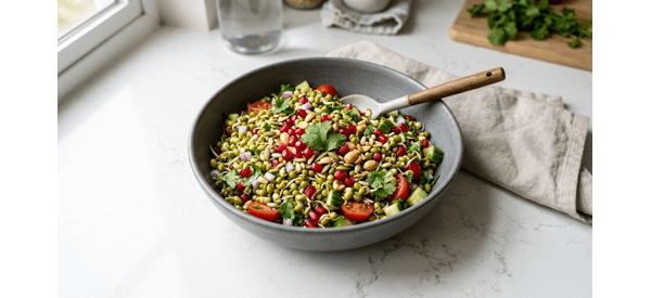 A colorful bowl of fresh sprouts salad with lemon and green chilies A colorful bowl of fresh sprouts salad with lemon and green chilies