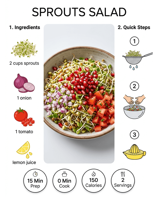 A colorful bowl of fresh sprouts salad with lemon and green chilies A colorful bowl of fresh sprouts salad with lemon and green chilies