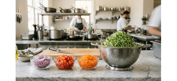 Chopped onions, tomatoes, and grated carrots on a white marble counter Chopped onions, tomatoes, and grated carrots on a white marble counter