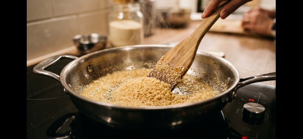 Plated suji halwa in a ceramic bowl with steam rising and nut garnish