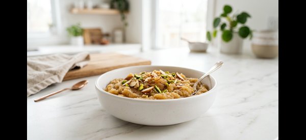 A beautiful bowl of golden Suji Halwa garnished with sliced almonds and pistachios