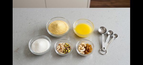 Stirring semolina and ghee in a modern stainless steel pan on a stove
