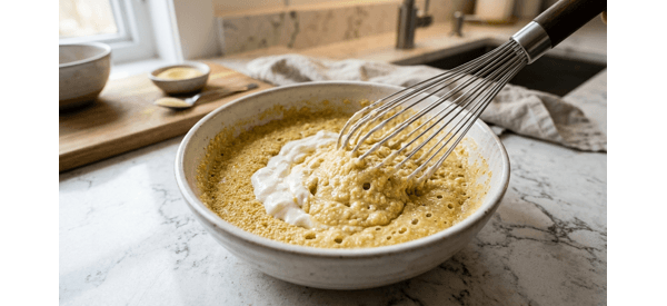 Mixing semolina and yogurt in a white ceramic bowl Mixing semolina and yogurt in a white ceramic bowl