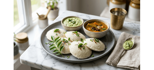 A plate of fluffy white suji idlis served with coconut chutney and sambar A plate of fluffy white suji idlis served with coconut chutney and sambar