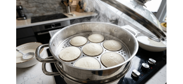 Freshly steamed white suji idlis arranged on a modern plate Freshly steamed white suji idlis arranged on a modern plate