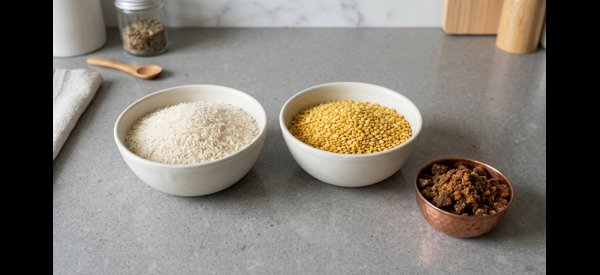 Roasted rice and moong dal being rinsed in a modern glass bowl