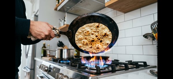 Inverting the iron tawa over a gas flame to char the tandoori roti