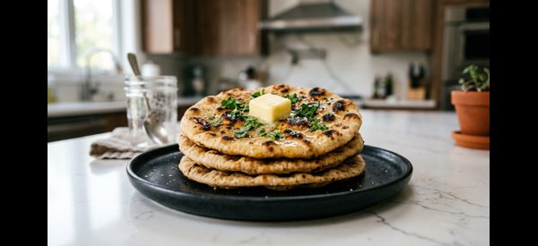 A stack of freshly made Tandoori Roti brushed with melted butter on a modern plate